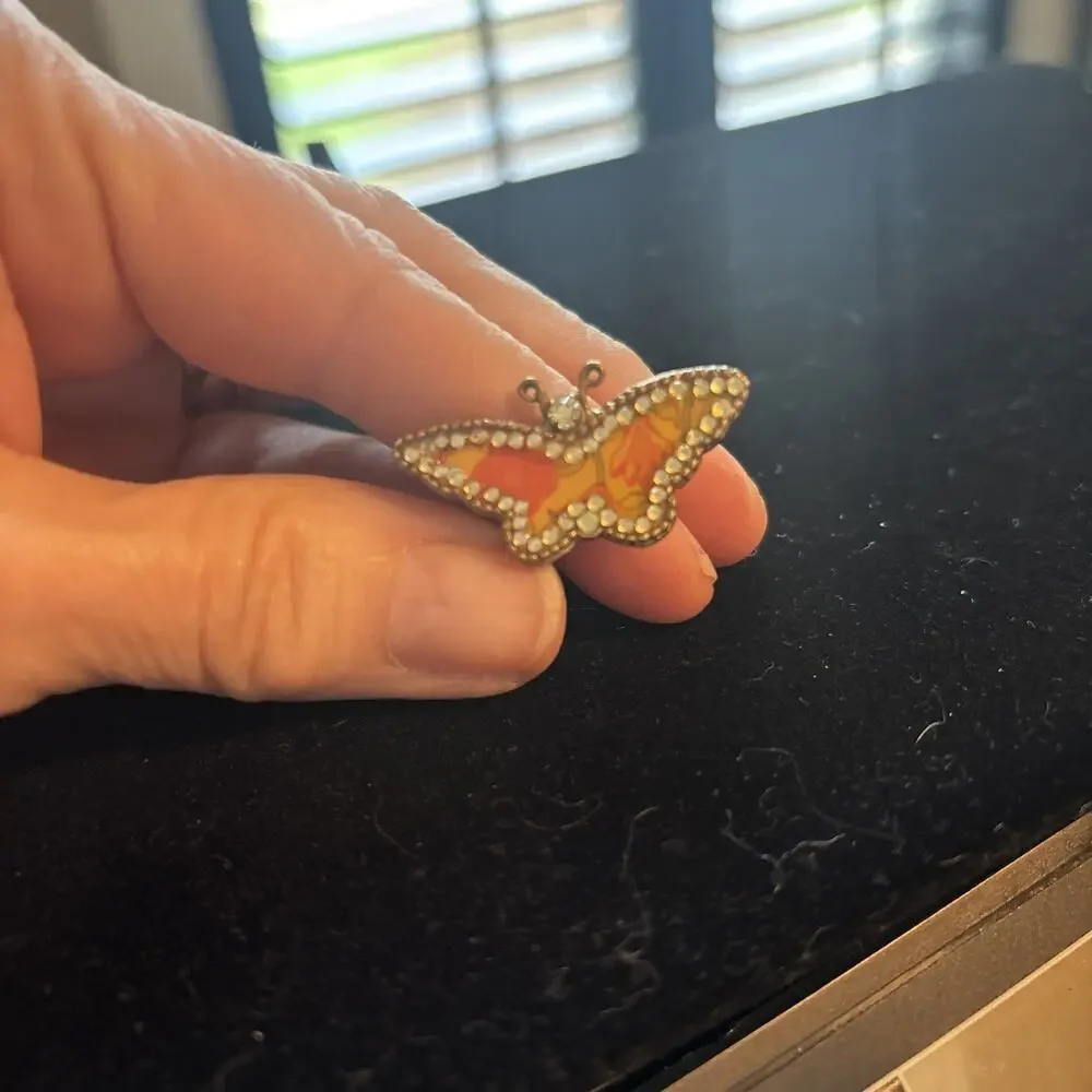 Pilgrim Denmark Enamel Butterfly Crystal Ring Bronze Silver Tone Sz 6 Boho